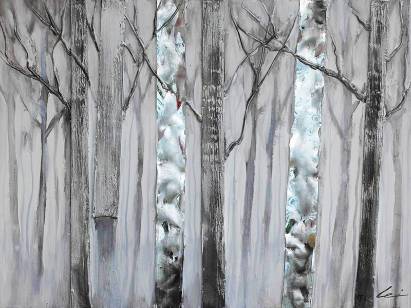 HA110 Wall décor art oil on canvas abstract botanical tree trunks silver grey tones